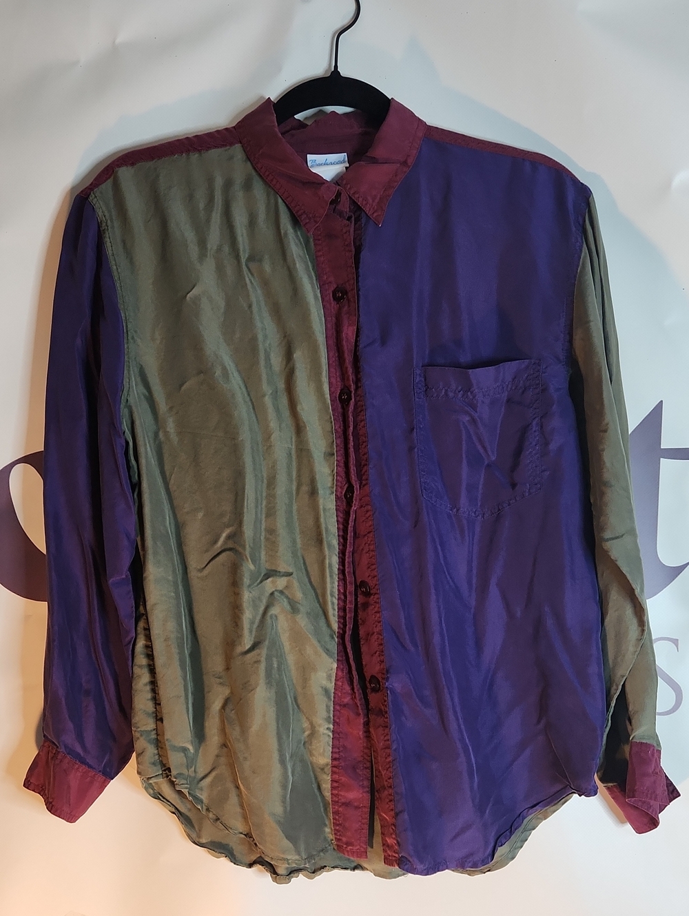 100% Silk Purple & Olive Men's Button-Up Shirt
